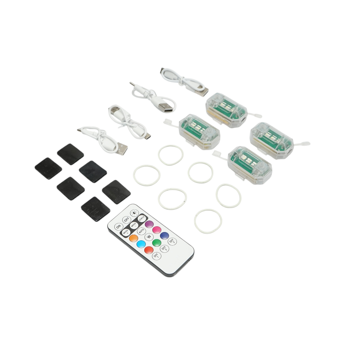 Set of 4 RGB strobe LED lights with remote control, 10 modes, 8 colors, 150mAh rechargeable lithium battery USB-C IP65